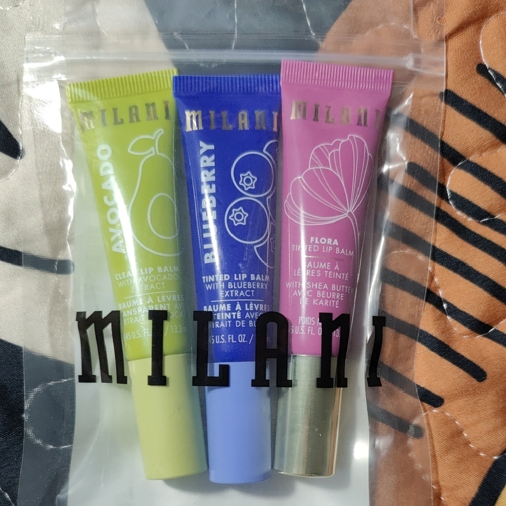 NIP Milani Lip Balm Trio - Avocado, Blueberry, Flora Lip Gloss.